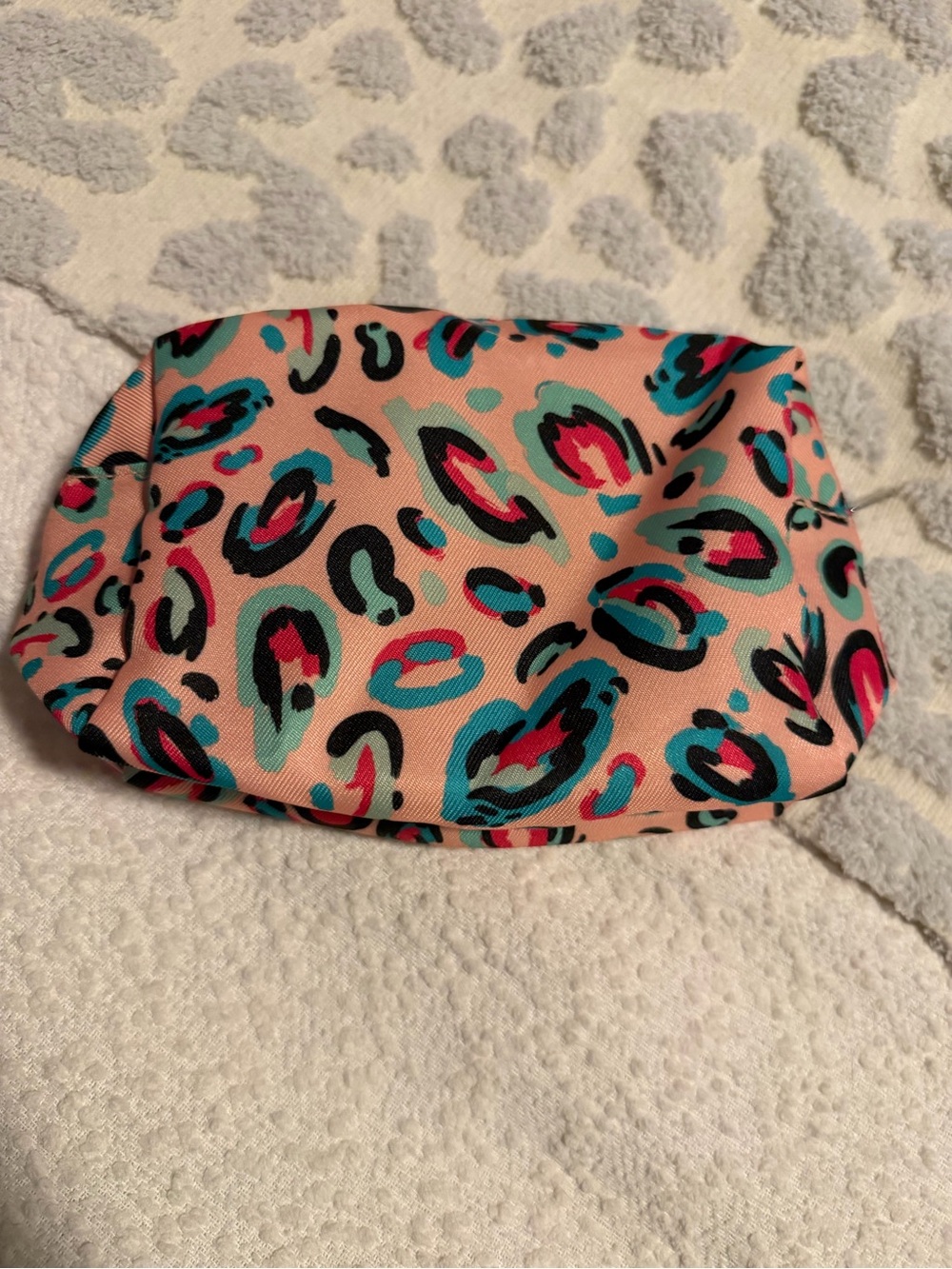 Peach Leopard Print Cosmetic Bag with Teal & Pink Accents